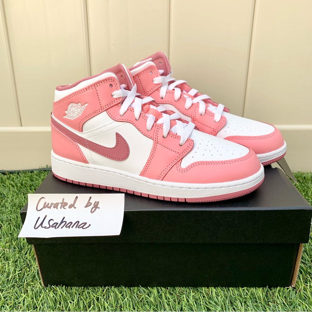 Nike air Jordan 1 mid GS pink white shoes (big kids) - Picture 3 of 5